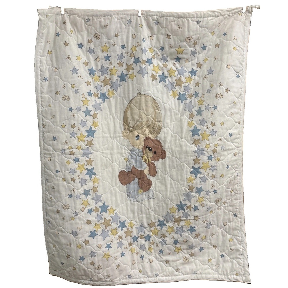 Vtg Precious Moments Baby Boy Quilted 40x30" Blanket Finished Edge Blue Back 90s